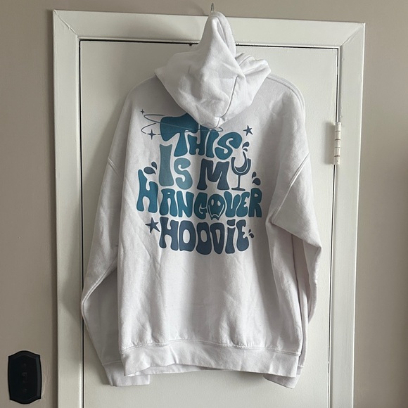 Gildan Tops - White Hangover Hoodie with Blue Graphic Text